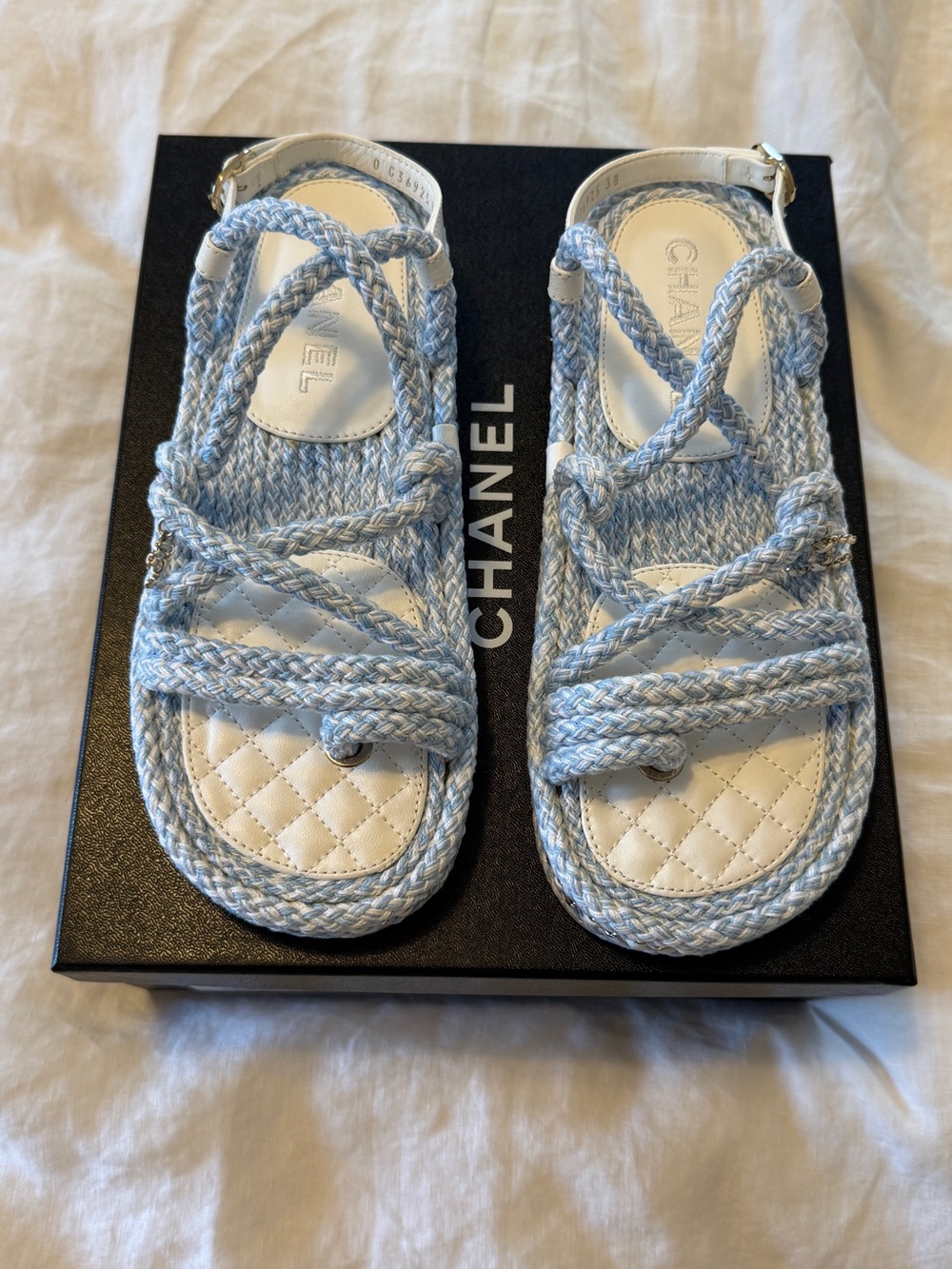 CHANEL Light Blue & White Braided Rope Sandals - Picture 1 of 13